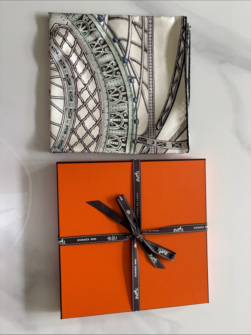 Hermes Ivory, Green & Brown Silk Scarf - Architectural Motif - Picture 11 of 11